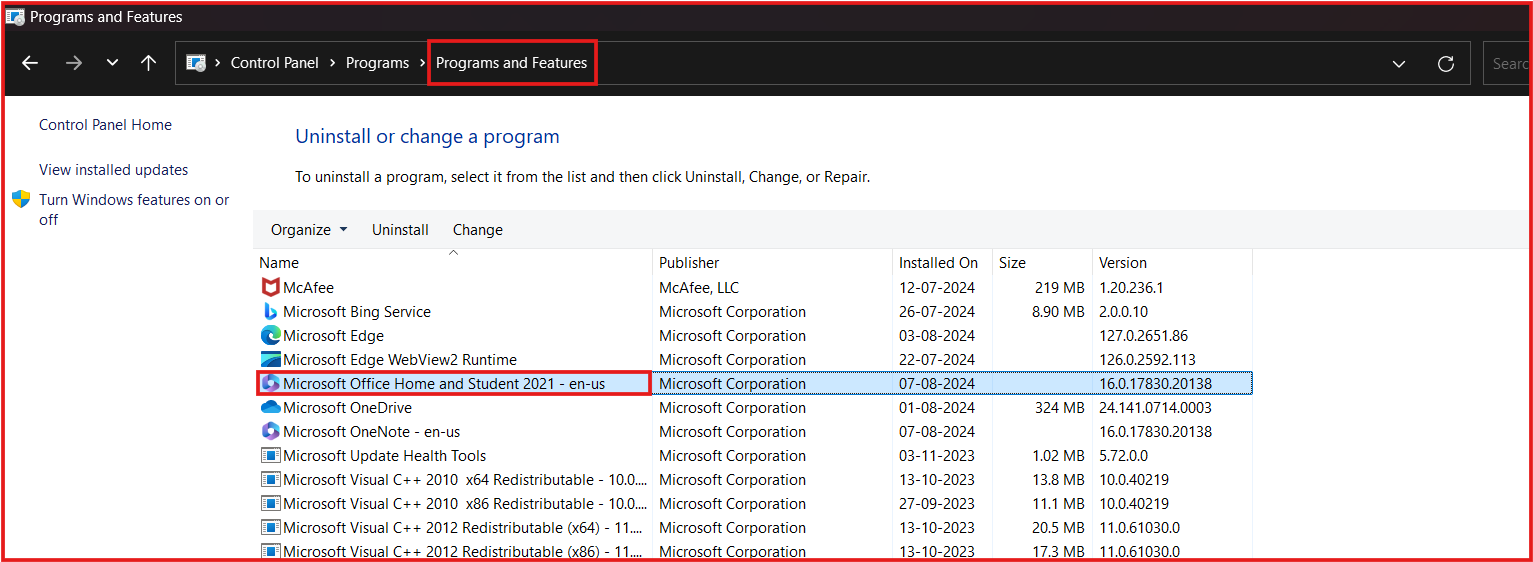 select microsoft office under programs and features