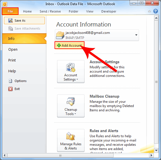 click on file tab and click on add account