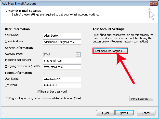 click on test account settings