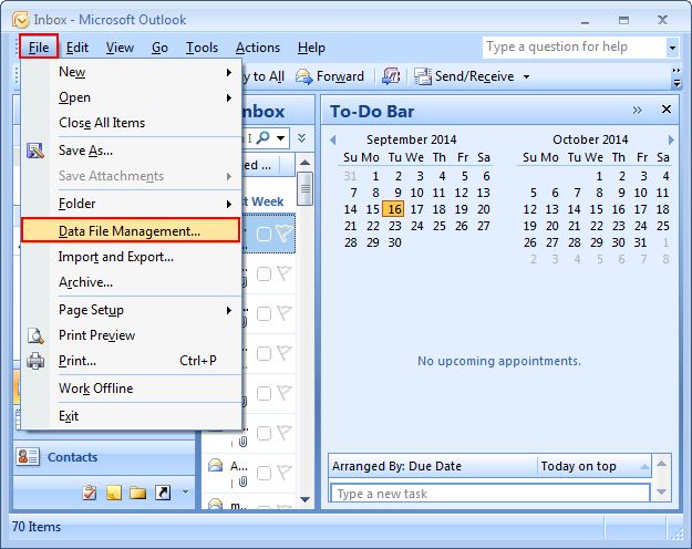 go to file>data file management in outlook