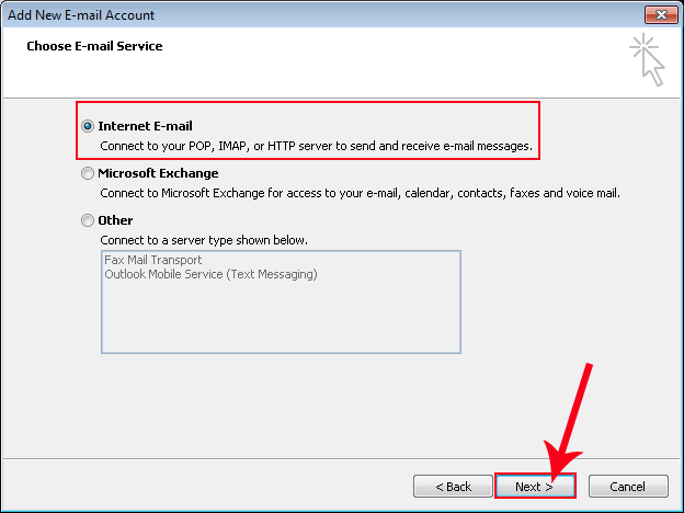 select first option to add imap account