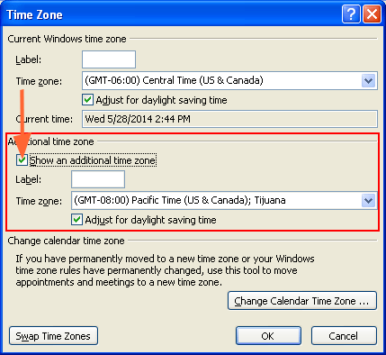 click on show and additional time zone