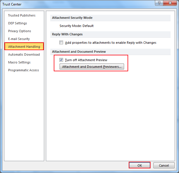 click the Box turn off attachment preview. then, click on OK