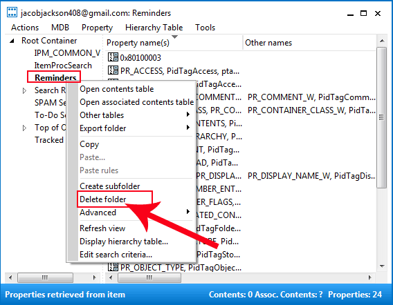 right click on reminder and click on delete folder