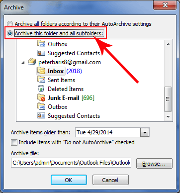 Select the option "Archive this folder and all sub folders