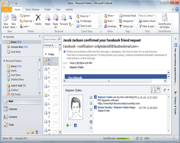 open outlook and enjoy facebook activity