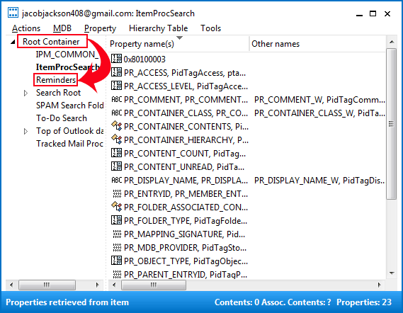 expand root container and select reminders folder