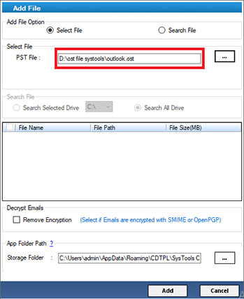 select outlook data file