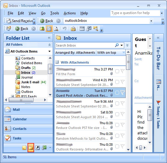 click the Folder list on the view menu to import from excel