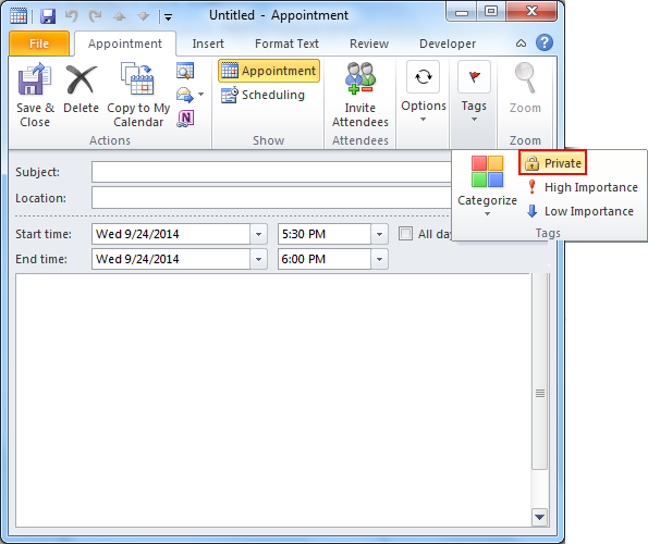 Set Appointment Private in Outlook 2003, 2007 and 2010