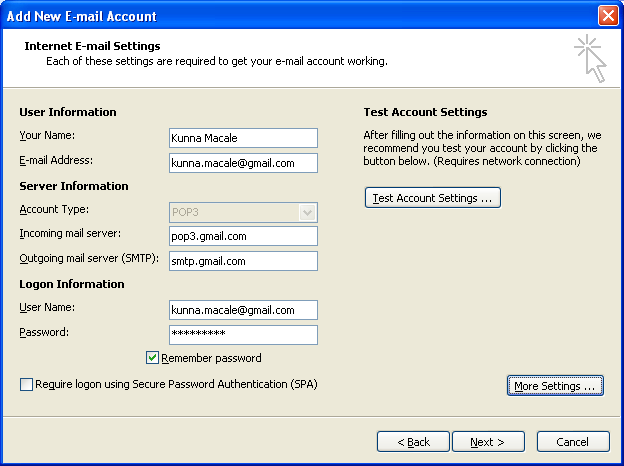 gmail settings for outlook 2013 using pop3