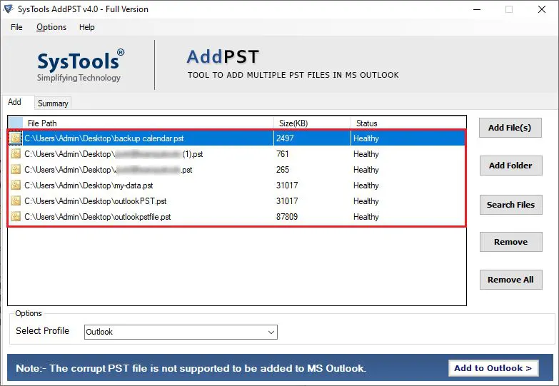 Options to add PST Files