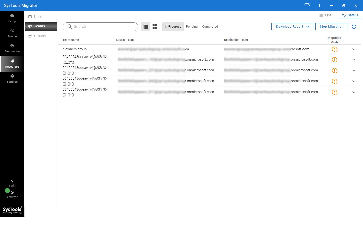 migration task In-Progess / Pending / Completed tab